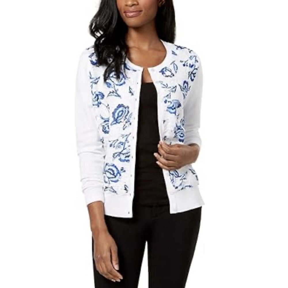 Charter Club XL Floral Cardigan Sweater Blue White Button Front
